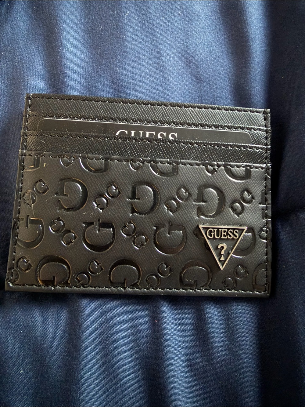 GUESS Black Embossed Logo Card Holder with Metal Triangle Badge